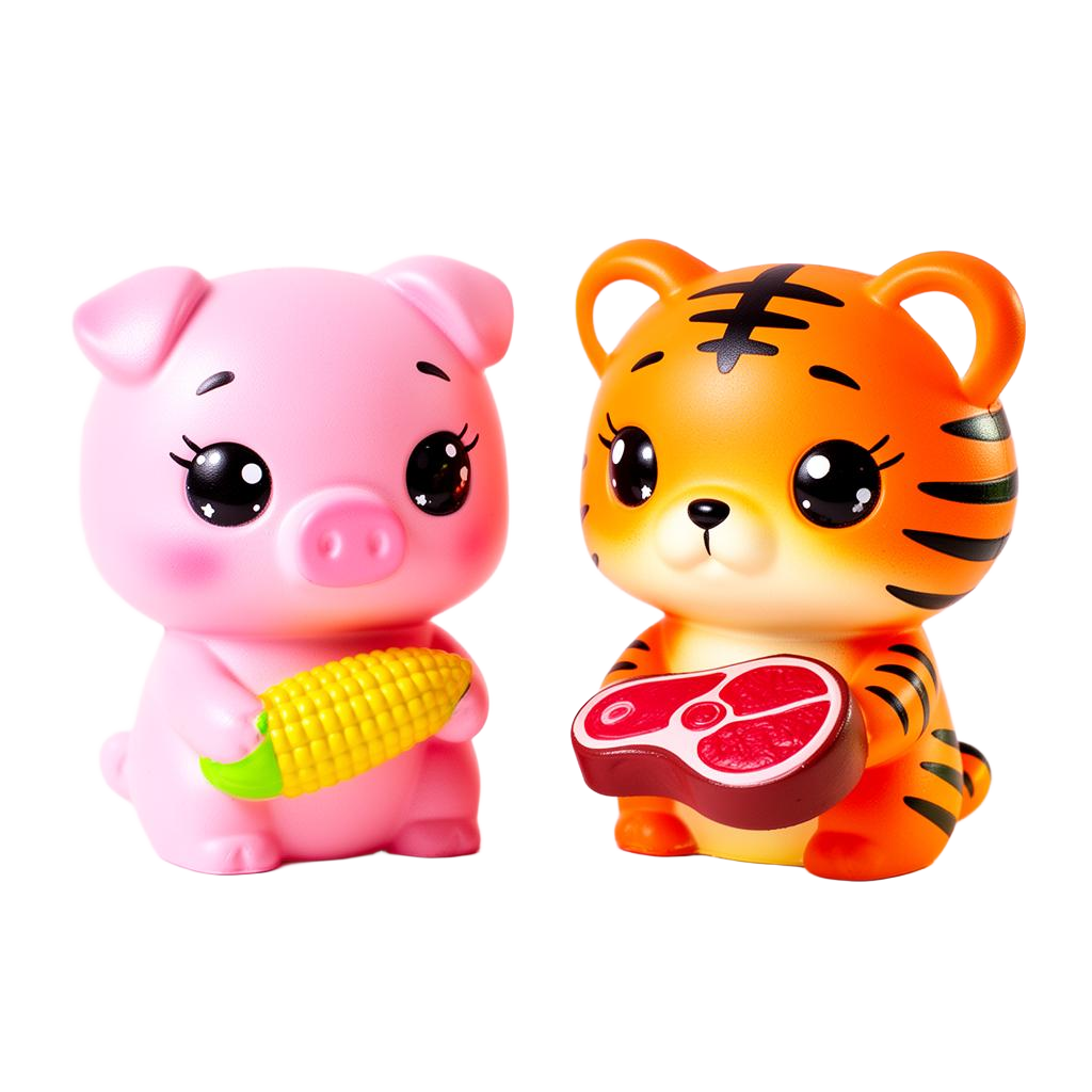 A pink pig squishy and an orange tiger squishy facing off
